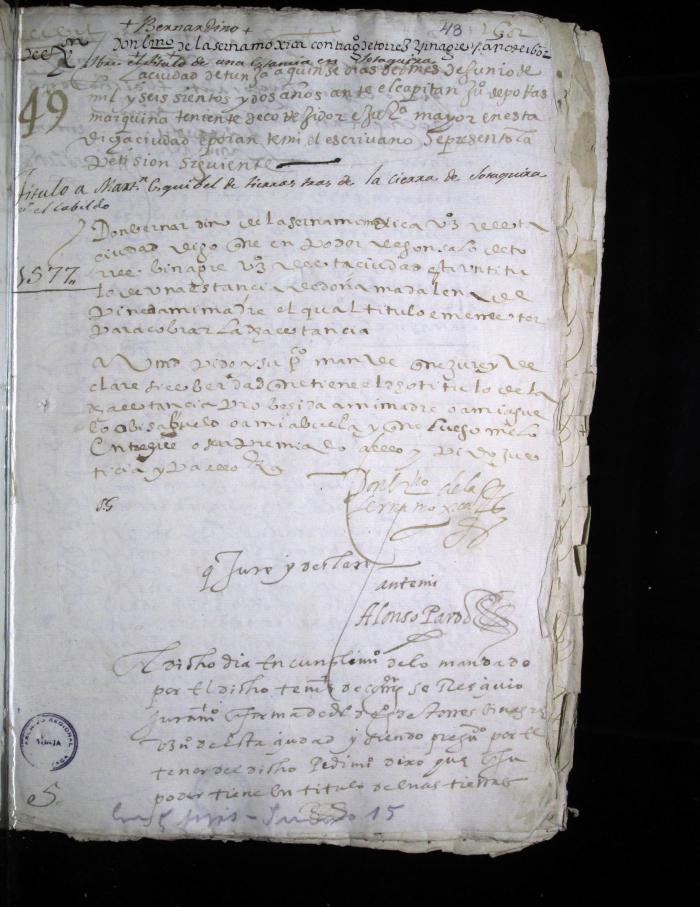 Juicio civil de Bernardino de la Serna Mojica contra Gregorio de Tórres  Vinagre. Titulo de Martín de Esquivel sobre unas tierras de la sierra de Sotaquirá por el cabildo