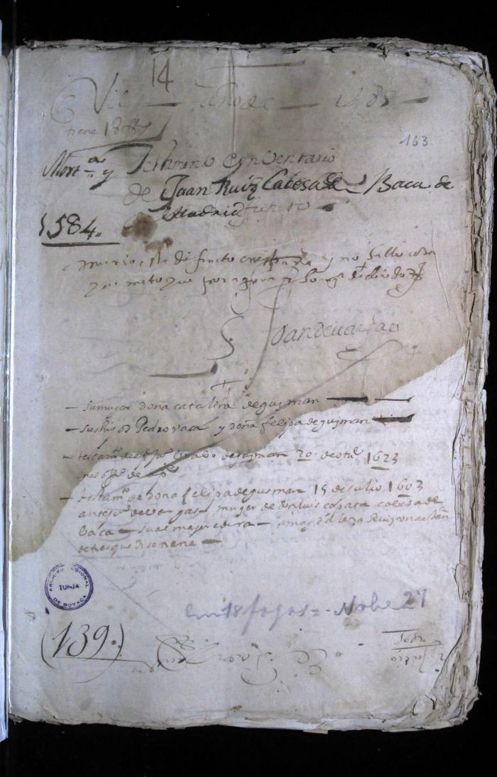 Mortuoria con testamento incompleto de los autos de Juan Ruiz Cabeza de Vaca